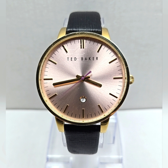 Ted Baker Kate Women's Watch Pink Date Dial Black Leather Band New Battery - Picture 1 of 12